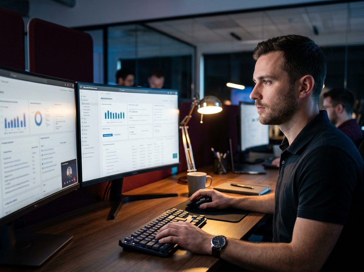 A focused Microsoft 365 specialist reviewing admin dashboards on multiple monitors