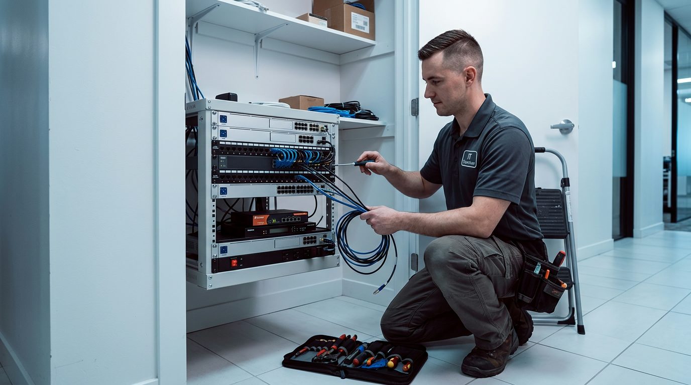 IT technician on-site at an Edmonton business office reviewing network infrastructure